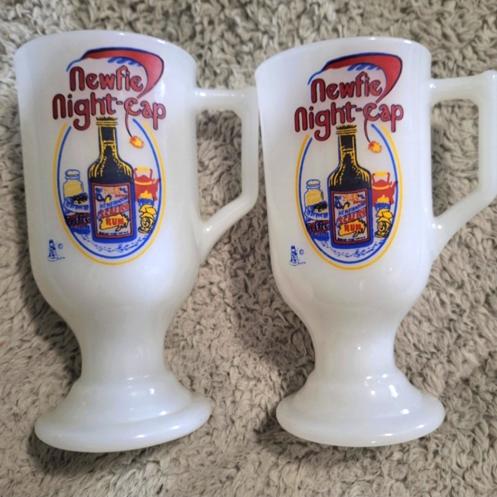 2 Newfie Night-Cap Milk Glass Irish Coffee Cups Newfie Screech Rum